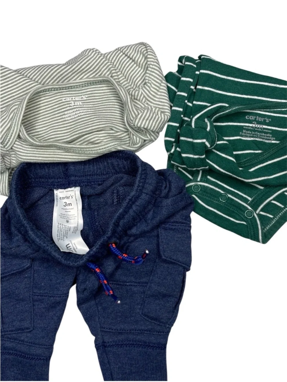 Carter's Green and Cream Striped Long-Sleeve Bodysuits with Navy Pants 3m